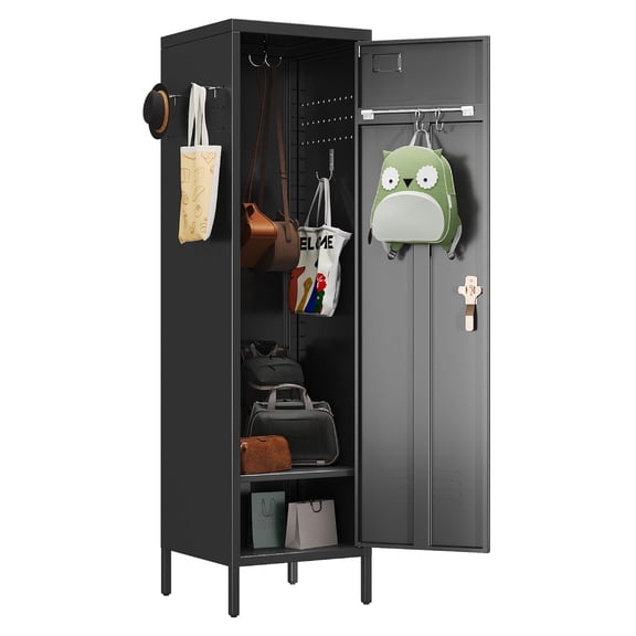 1-Door Metal Storage Locker with Handle, Hanging Rod, Pegboard & Hooks, Black Locker for Home, Office, Gym, School