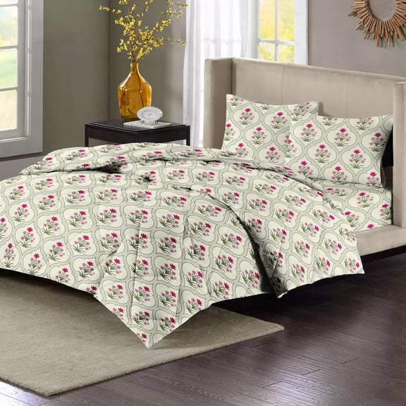 1 Double Bedsheet & 2 Pillow Covers With 1 Comforter Set - 90 X 100 Inches, Almond & Pink | Super Soft Glace Cotton King Size - 4 Pcs Bedding Set | Perfect Gifts Set Wedding, Anniversary