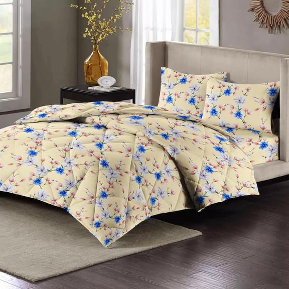 1 Double Bedsheet & 2 Pillow Covers With 1 Comforter Set - 90 X 100 Inches, Beige & Blue | Super Soft Glace Cotton King Size - 4 Pcs Bedding Set | Perfect Gifts Set Wedding, Anniversary