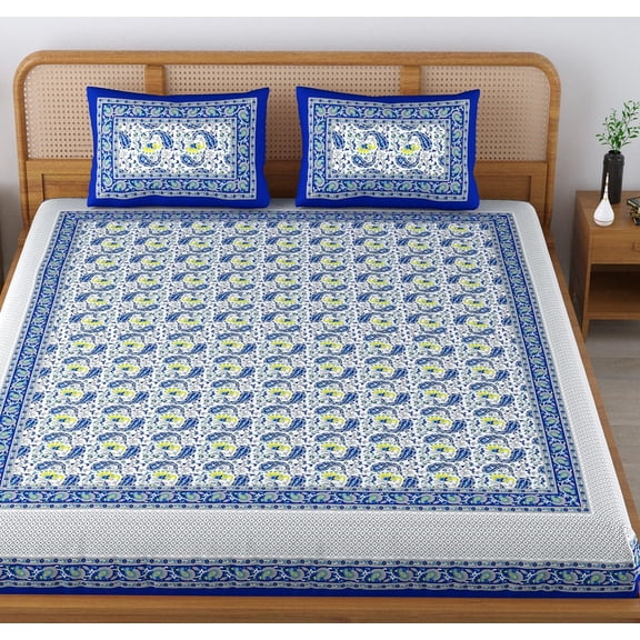 1 Double Bedsheet With 2 Pillow Covers - 83 X 94 Inches, Multicolor | Elephant Printed Jaipuri Bedsheet - Long Lasting & Soft 120 Thread Count Bedsheet