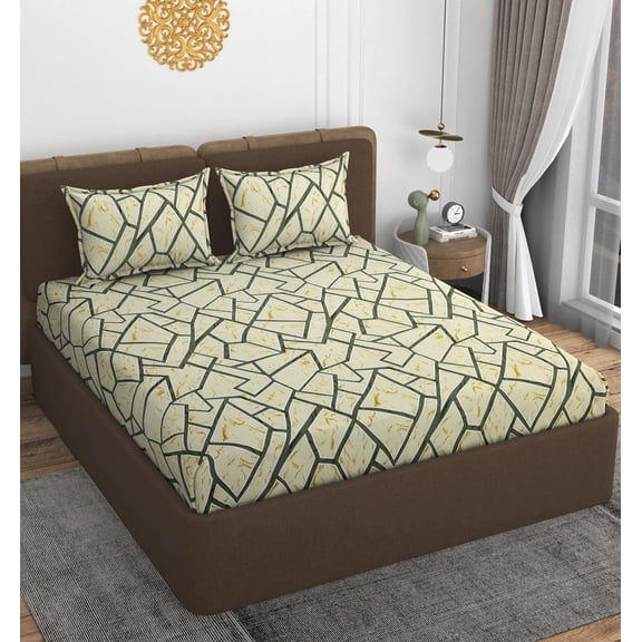 1 Double Bedsheet With 2 Pillow Covers Size 60 X 78 X 8 Inches, Cream | Cotton Feel All Around Elastic Fitted - Queen Size Bedsheets, Super Soft