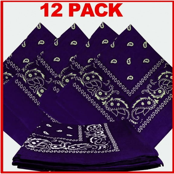 1 Dozen (12 ) Classic Paisley Print Bandana Scarfs 100% COTTON size 22 x 22 (Purple)