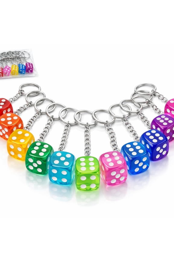 Dice Key Chains, 1 Dozen 3 Inch Acrylic Keychains with Transparent Dice