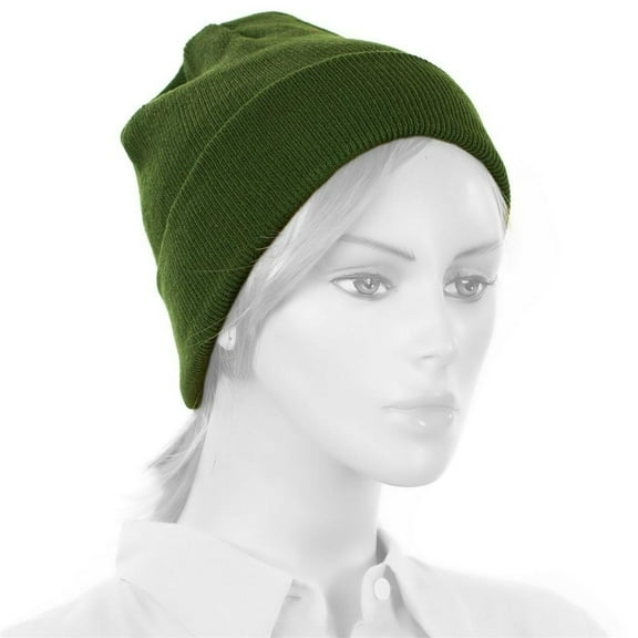 1 Dozen HUNTER GREEN Beanies lot of 12 plain blank long fold up beanie Hats - New with box/tags