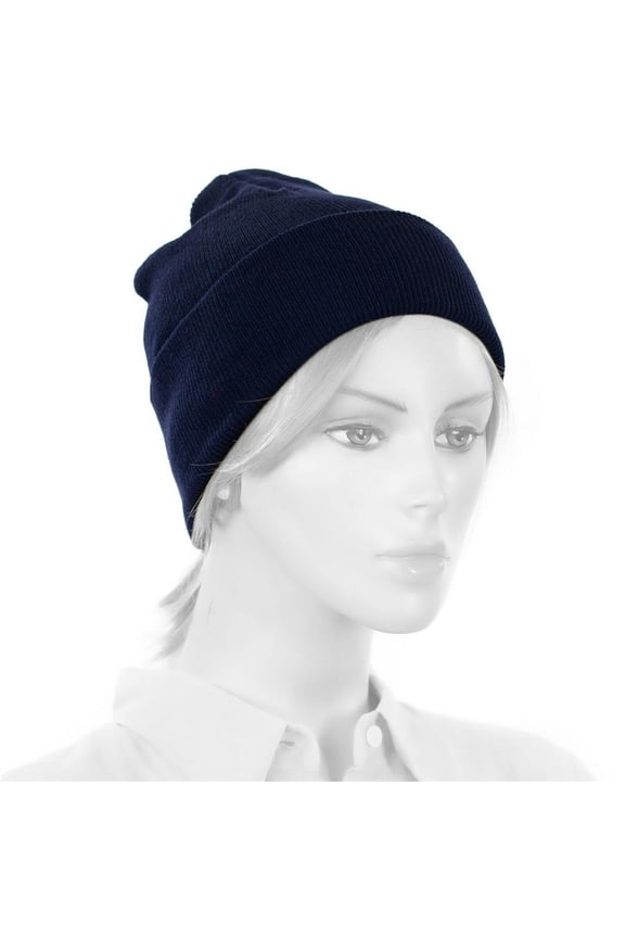 1 Dozen NAVY Beanies Wholesale lot of 12 plain blank long fold up beanie Hats - New with box/tags