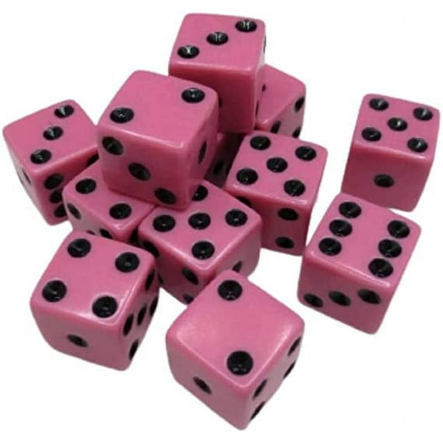 1 Dozen Pink Dice - 16 mm Pink Dice with BLACK Pips (dots) stored in an Organza Bag