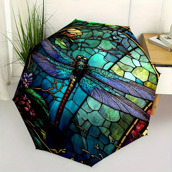 1 Dragonfly Colored Glass Pattern Umbrella - 8 Spokes, Automatic Open/Close, Windproof Portable Folding Sunshade with Vibrant Blue and Purple Dragonfly Design, D