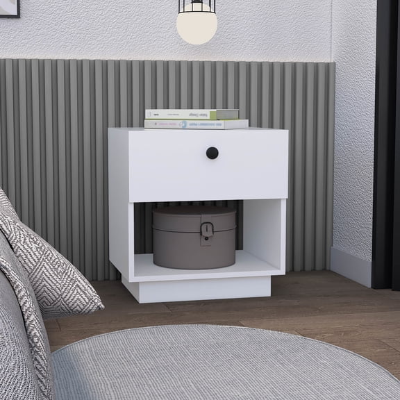 1 Drawer Bedroom Nightstand, White - Modern Side Table With Shelf Nightstand Drawer, Open Lower Sight