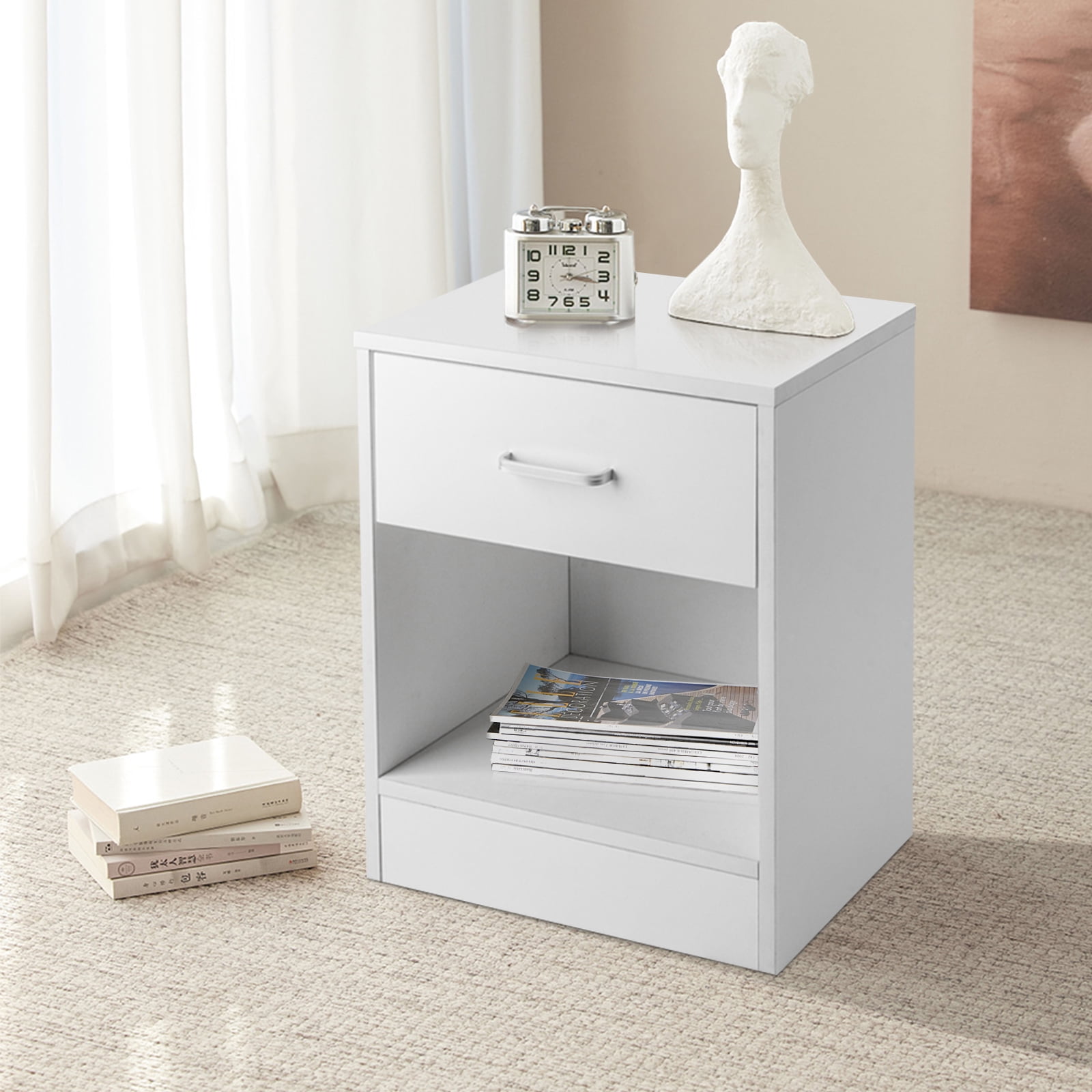 1-Drawer Bedside Table with Open Storage Space 2pcs Particleboard with Textured Melamine Surface Storage Cabinet, 15.75*11.81*19.69in, White