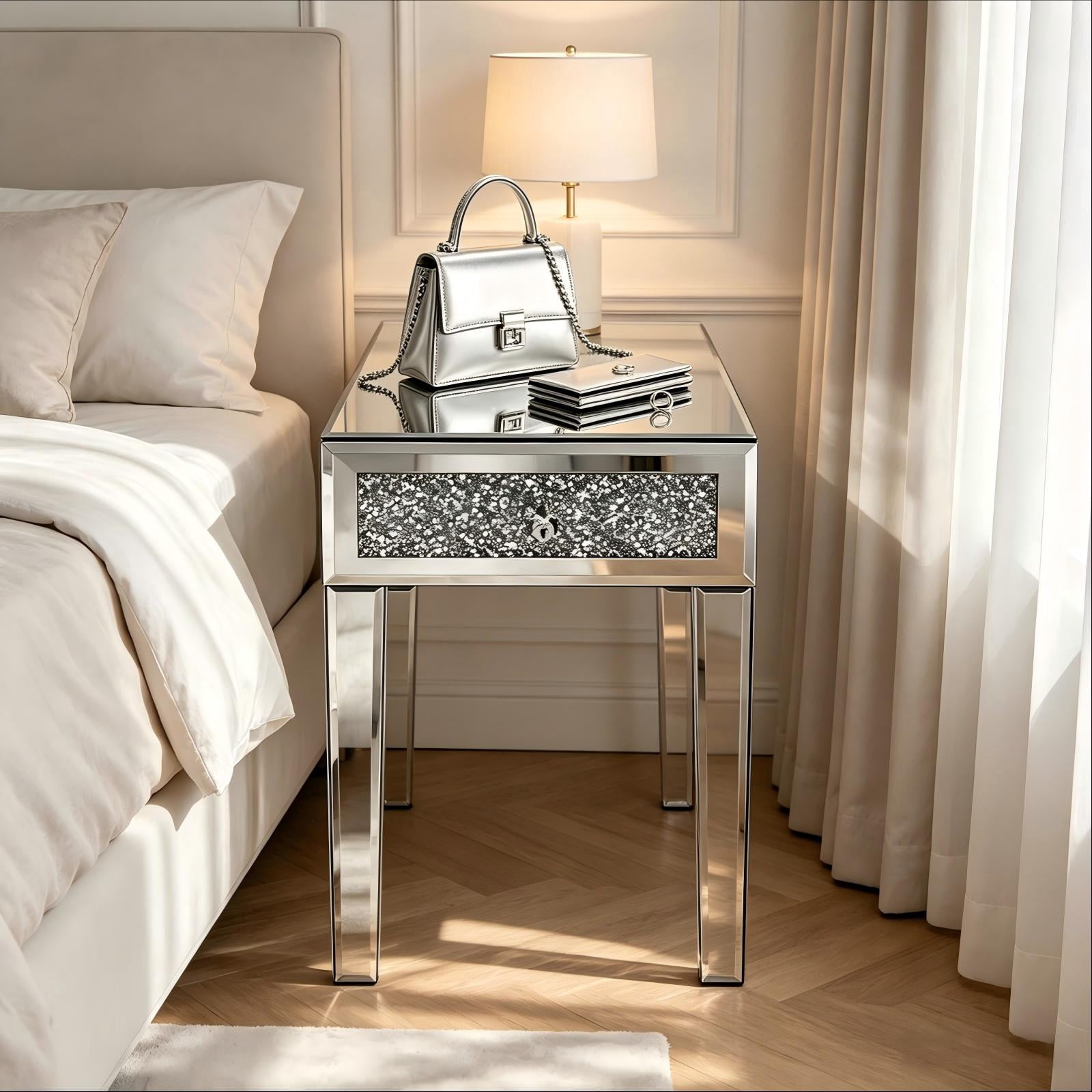 1-Drawer Bedside Table with Rhinestone Trim, Mirrored MDF Nightstand, Silver, 13.8 x 22 x 23.6 in