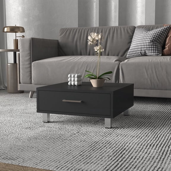 1-Drawer Black Wengue Coffee Table Supported by Four Metal Legs