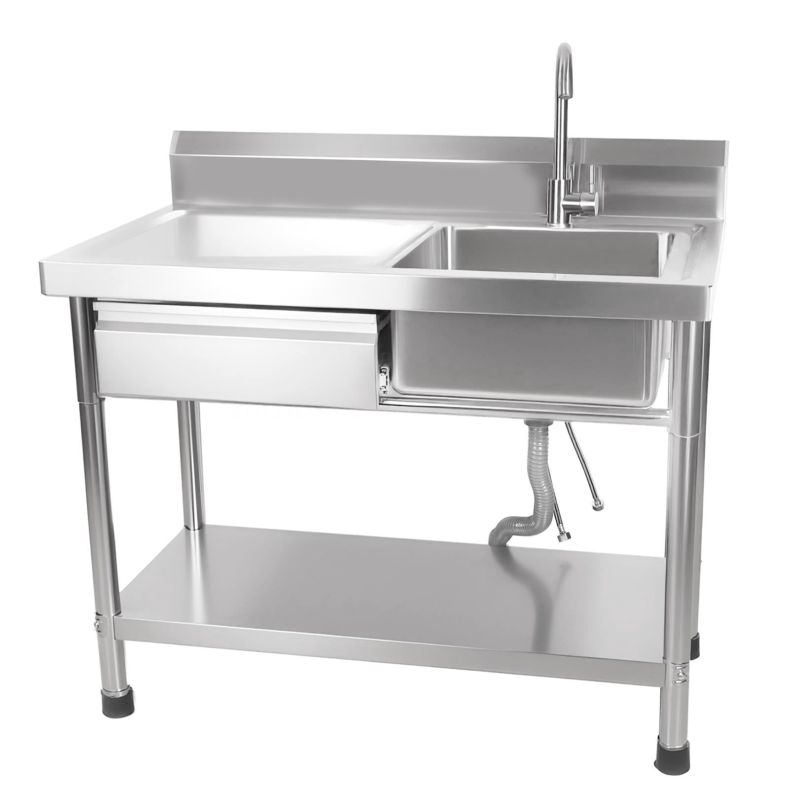 1-Drawer Free Standing Utility Sink,Stainless Steel Commercial Sink With Single Bowl,Cold And Hot Water Pipes And Workbench,Kitchen Sink For Laundry Or Farmhouse,Silver