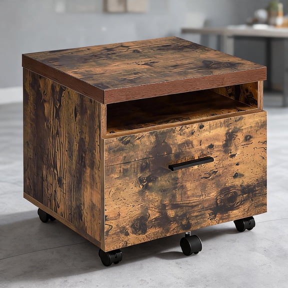 1-Drawer Freestanding File Cabinet Compact Storage Black-Toned Wood and Metal Rustic Style for Home Office
