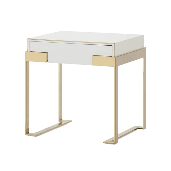 1 Drawer Nightstand with Metal Frame Support, Gold and White