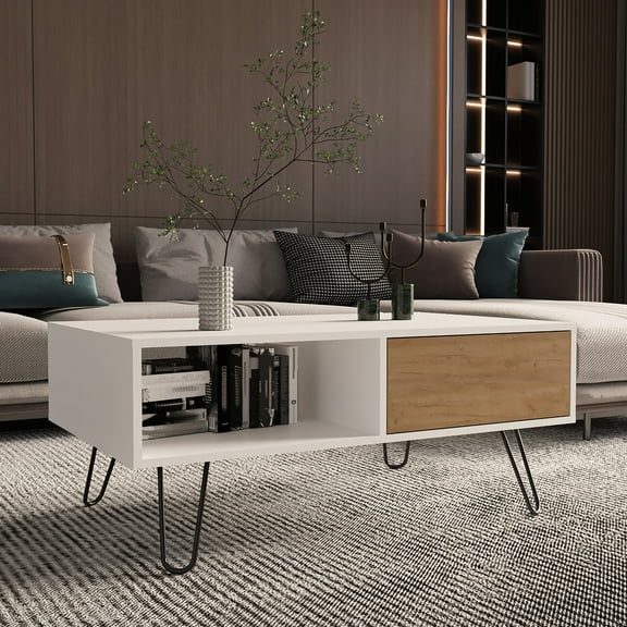 1 Drawer Shelf Coffee Table, White + Natural Oak, Ideal For Displaying Decorative Accents White/natural Oak & Shelf, Enhances Living Room Space