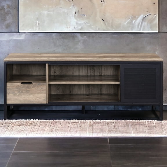 1-Drawer TV Stand | Offers Storage for Remotes and Media Equipment, Fits Primary Living Space | Crafted with Paper Veneer, MDF, and Metal | Keeps Entertainment Area Tidy
