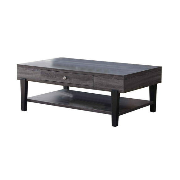 1 Drawer Wooden Coffee Table with 1 Open Shelf, Distressed Gray- Saltoro Sherpi