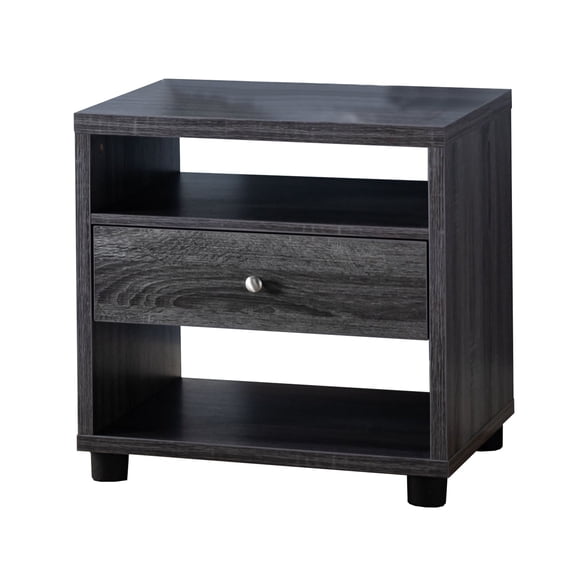 1 Drawer Wooden End Table with 2 Open Shelves, Gray
