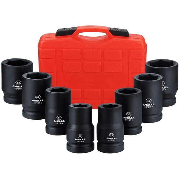 1" Drive Jumbo Impact Socket Set, 9 Pieces Universal Hex Deep Socket Set with Heavy Duty Storage Case, Metric and Standard Sizes (22,24,27,30,32,36,38,41mm), Cr-V Steel