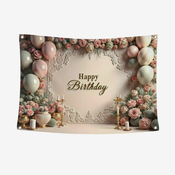 1 Elegant Happy Birthday Banner - Pink And Gold Flower Design With Balloon And Rose, Cloth Background, Suitable For Photo Booth, Indoor Outdoor Party Decoration, Birthday Party Decoration