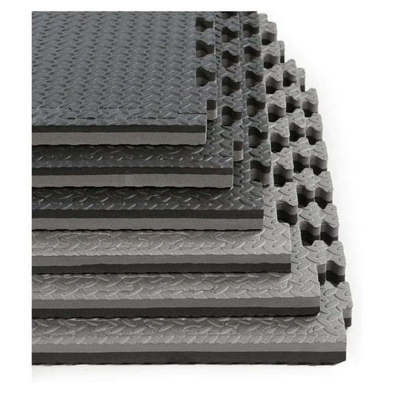 1" Extra Thick sq ft Reversible Gym Foam Floor Mat Tiles (24" x 24"), Steel Pattern, 12 pcs, Black & Grey