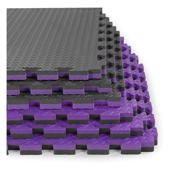 1" Extra Thick sq ft Reversible Gym Foam Floor Mat Tiles (24" x 24"), Steel Pattern, 12 pcs, Black/