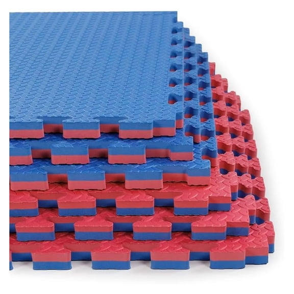 1" Extra Thick sq ft Reversible Gym Foam Floor Mat Tiles (24" x 24"), Steel Pattern, 12 pcs, Blue & Red
