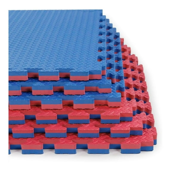 1" Extra Thick sq ft Reversible Gym Foam Floor Mat Tiles (24" x 24"), Steel Pattern, 12 pcs, Blue & Red