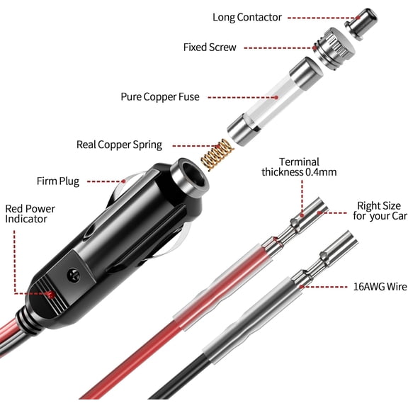 1 FT 12V Cigarette Lighter Adapter with Fused Plug & LED Light, 16AWG 12V Cigarette Lighter Plug, 6 A Fused Car Replacement Plug Socket Cord (2 Pack)