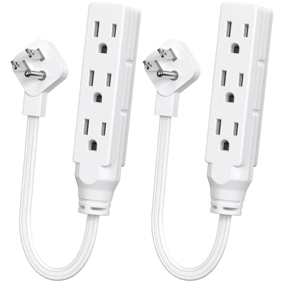 1 FT Short Power Extension Cord, 3 Outlet, SJT 16 AWG Flexible Power Cord, White - 2 Pack