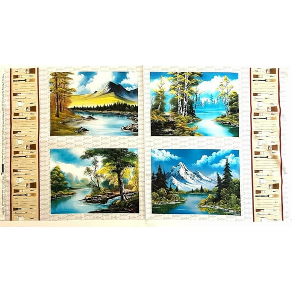 1 Fabric Panel - Mountain Scene Paintings Joy of Painting Bob Ross Cotton Fabric Panel - 4 Large Blocks (Great for Quilting, Sewing, Craft Projects, Wall Hangings, and More) 23" X 44"