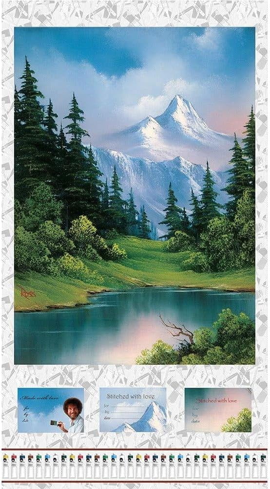1 Fabric Panel - Mountain Scene Paintings Joy of Painting Bob Ross Cotton Fabric Panel (Great for Quilting, Sewing, Craft Projects, Wall Hanging, and More) 23" X 44"