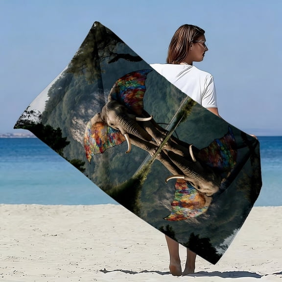 1 Fantasy Elephant Colored Wings Extra Large Soft Beach Towel | Vivid Art Prints, Perfect for Beach Vacations, Pool Parties and Summer Vacations, Perfect Gift for Nature Lovers and Art Lovers
