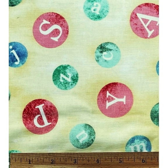 1 Fat Quarter - ABCs Letters in Polka Dots on Yellow Cotton Fabric - 21" X 18"