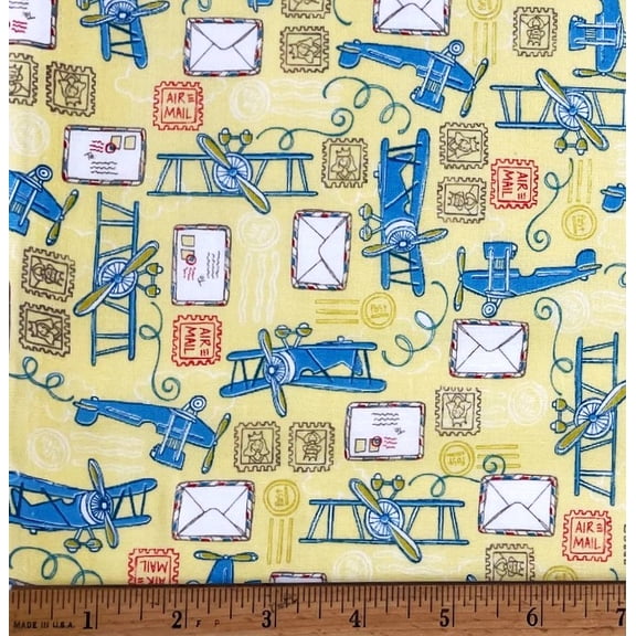 1 Fat Quarter - Air Mail Bi-Plane Airplanes on Yellow Cotton Fabric - 21" X 18"