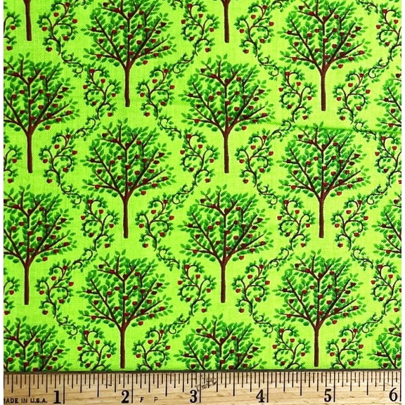 1 Fat Quarter - Apple Trees Orchard on Green Cotton Fabric - 21" X 18"