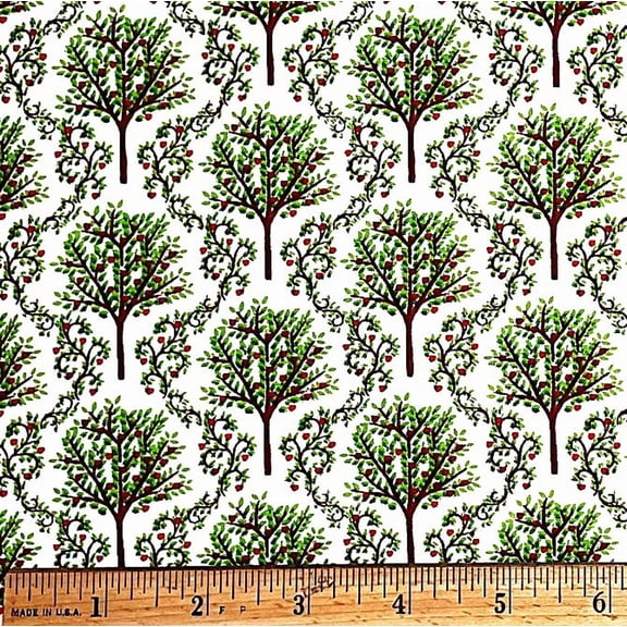 1 Fat Quarter - Apple Trees Orchard on White Cotton Fabric - 21" X 18"