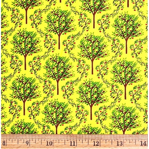 1 Fat Quarter - Apple Trees Orchard on Yellow Cotton Fabric - 21" X 18"