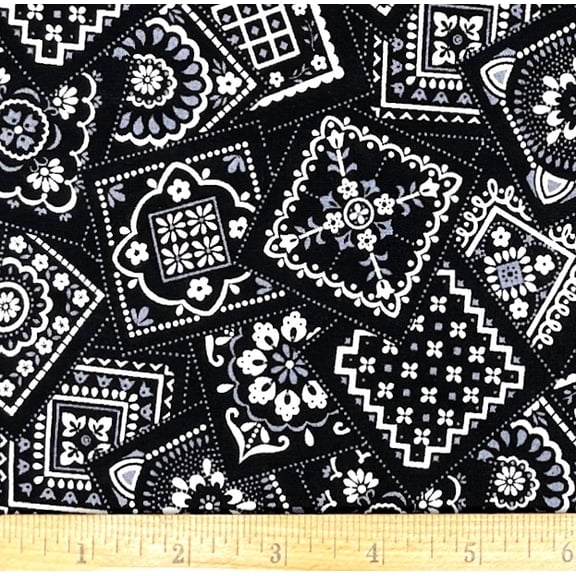 1 Fat Quarter - Bandana White & Gray Block on Black Cotton Fabric - 21" X 18"