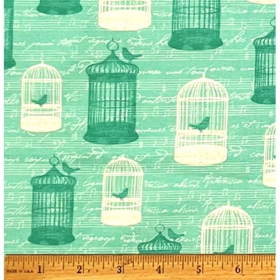 1 Fat Quarter - Birds & Music on Green Cotton Fabric - 21" X 18"