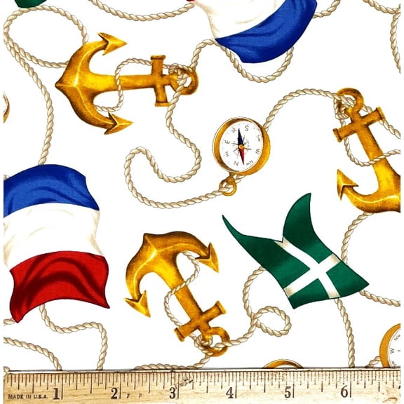 1 Fat Quarter - Boating Nautical Anchors & Flags on White Cotton Fabric - 21" X 18"