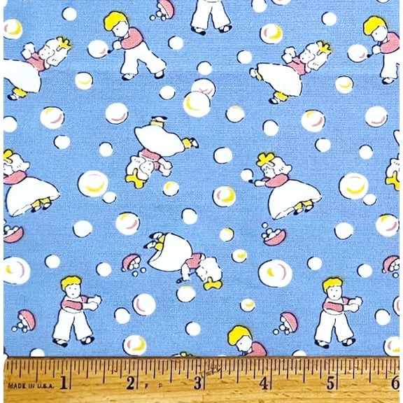 1 Fat Quarter - Boy & Girl Blowing Bubbles Storybook on Blue Cotton Fabric - 21" X 18"