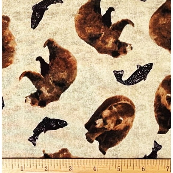 1 Fat Quarter - Brown Bears & Fish on Tan Cotton Fabric - 21" X 18"