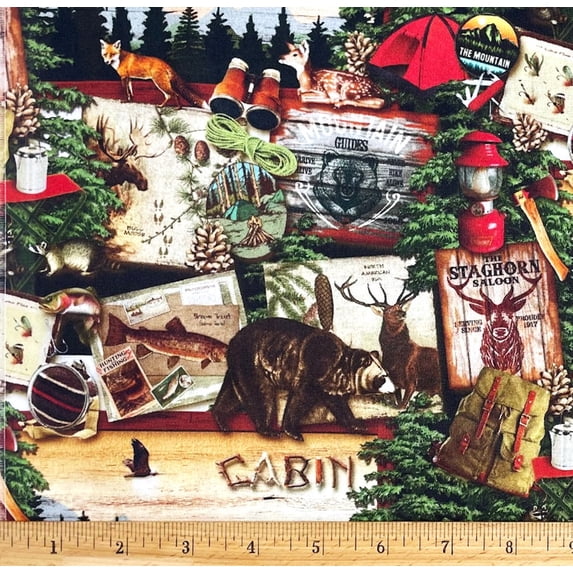 1 Fat Quarter - Cabin Camping Hunting Bears & Fox Scenic Cotton Fabric - 21" X 18"