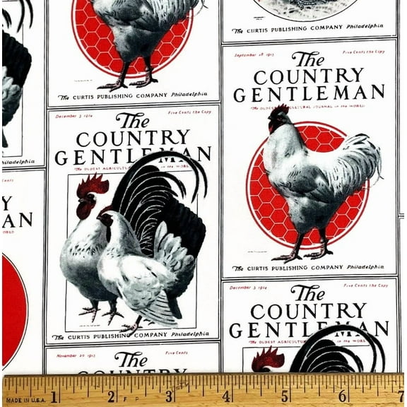 1 Fat Quarter - Chickens & Roosters Country Gentleman Block on White Cotton Fabric - 21" X 18"