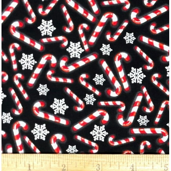 1 Fat Quarter - Christmas Candy Canes on Black Cotton Fabric - 21" X 18"