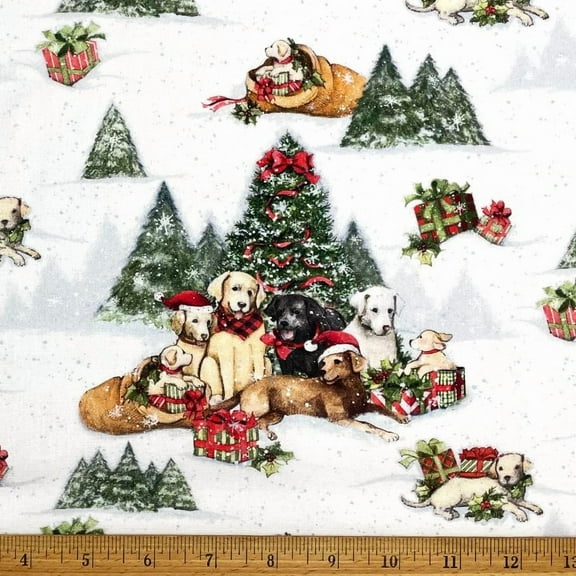 1 Fat Quarter - Christmas Dogs & Puppies Winter Scenic Cotton Fabric - 21" X 18"
