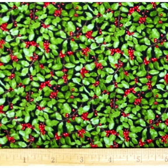 1 Fat Quarter - Christmas Holiday Holly Berry & Branch Cotton Fabric - 21" X 18"