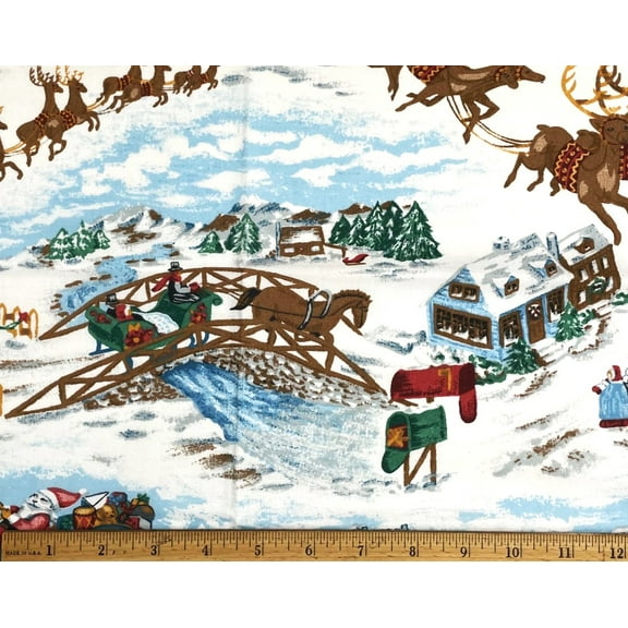 1 Fat Quarter - Christmas Santa & Sleigh Snowy Scenic Cotton Fabric - 21" X 18"