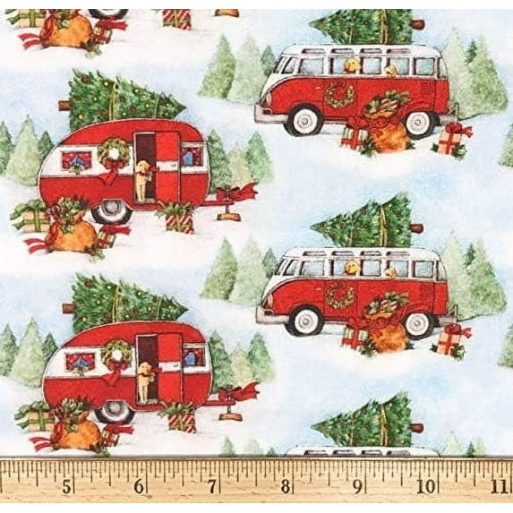 1 Fat Quarter - Classic VW Bus & Teardrop Camper Christmas Cotton Fabric - 21" X 18"